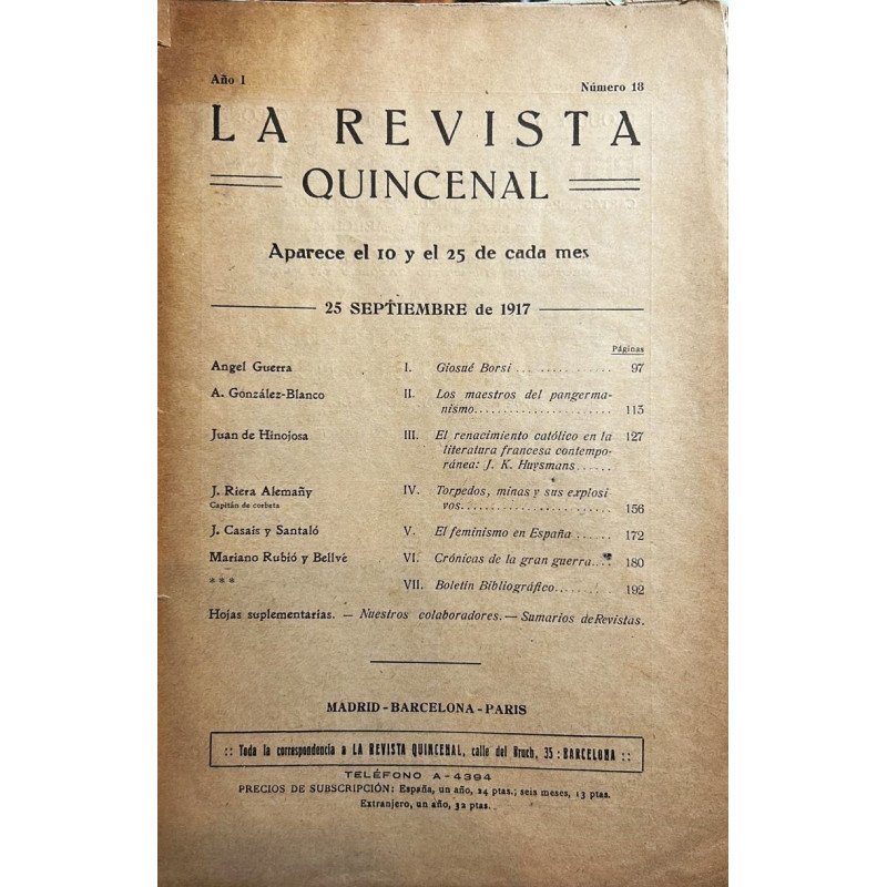 La Revista Quincenal. Año 1, número 18. 25 de septiembre de 1917.