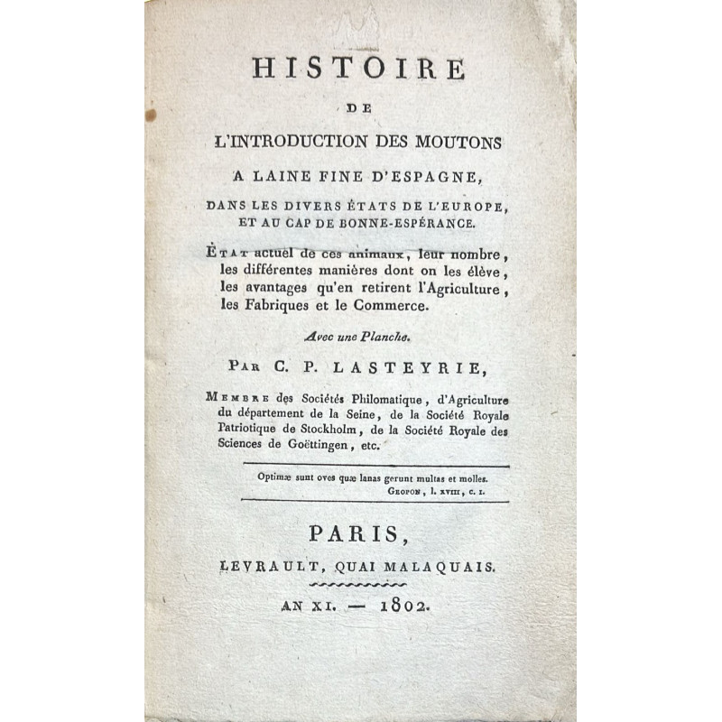Histoire de l'introduction des moutons a laine fine d'espagne, dans les divers ètats ... 1802 Histoire de l'introduction des moutons a laine fine d'espagne, dans les divers ètats ... 1802