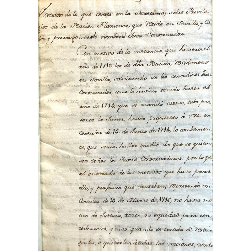 EXTRACTO de lo que consta en la Secretaría, sobre Privilegios de la Nación Flamenca, que reside en Sevilla, y Cádiz. EXTRACTO de lo que consta en la Secretaría, sobre Privilegios de la Nación Flamenca, que reside en Sevilla, y Cádiz.