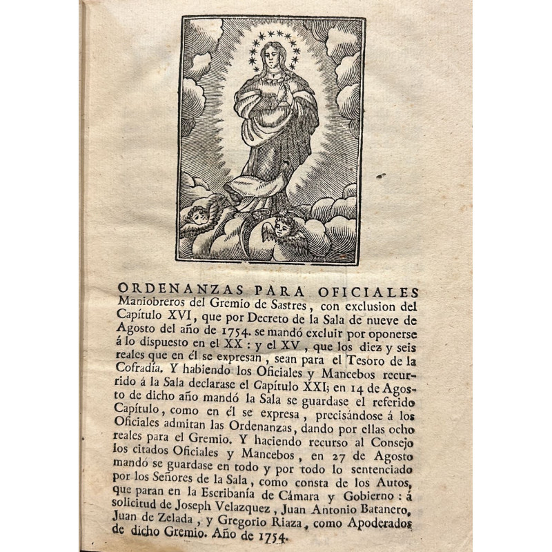 ORDENANZAS para oficiales Maniobreros del Gremio de Sastres.... 1754 ORDENANZAS para oficiales Maniobreros del Gremio de Sastres.... 1754