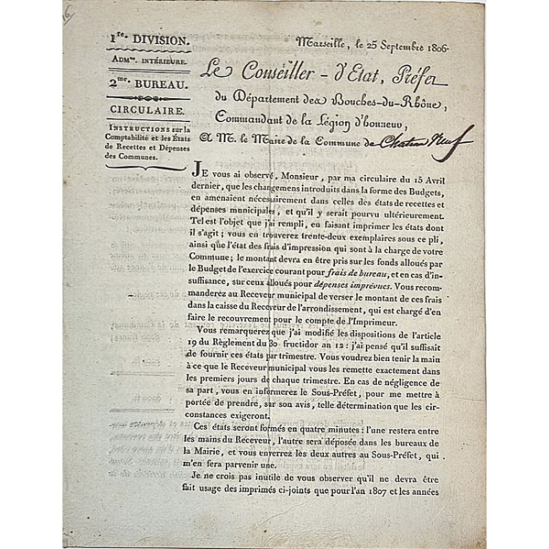 LE CONSEILLER-d'Etat, Préfet du Département de Bouches-du-Rhône, a M. le Maine. 1806 de la Commune de… LE CONSEILLER-d'Etat, Préfet du Département de Bouches-du-Rhône, a M. le Maine. 1806 de la Commune de…