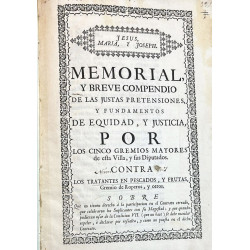 MEMORIAL, y breve compendio de las justas pretensiones, y fundamentos... por los Cinco Gremios Mayores de esta Villa 1735