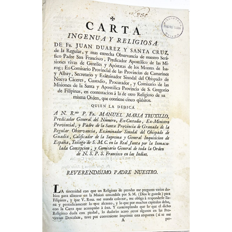 Carta ingenua y religiosa de Fr. Juan Duarez y Santa Cruz Carta ingenua y religiosa de Fr. Juan Duarez y Santa Cruz