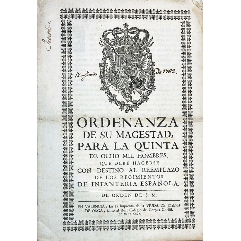 ORDENANZA de su Magestad, para la quinta de ocho mil hombres, ORDENANZA de su Magestad, para la quinta de ocho mil hombres,