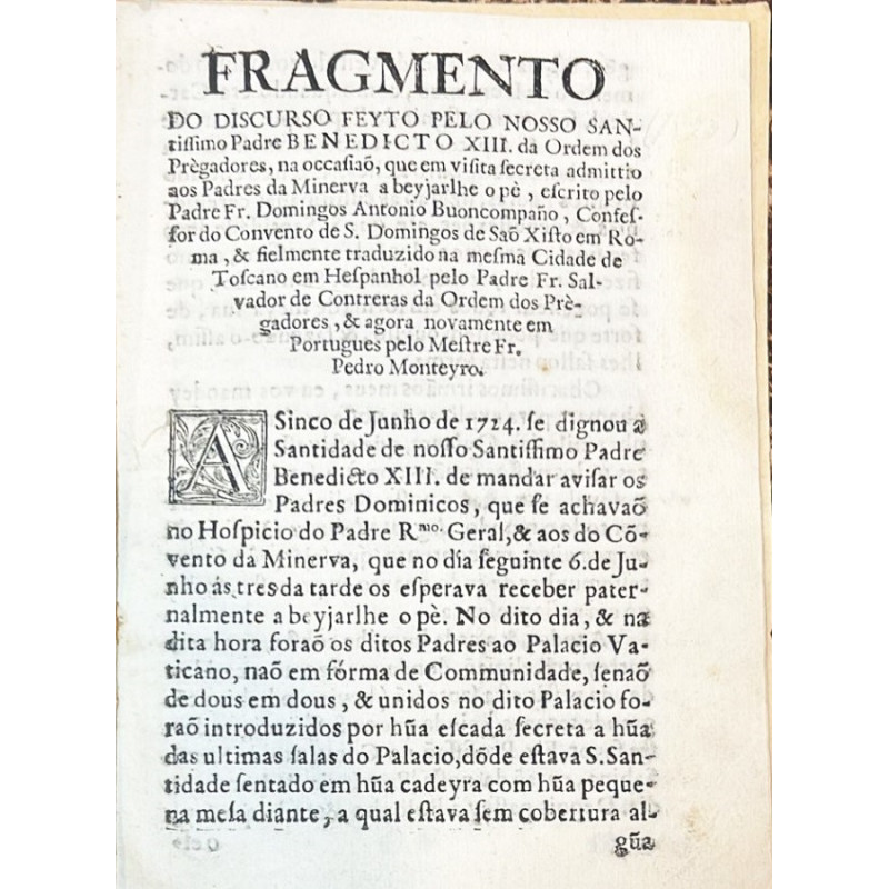 Fragmento do discurso feyto pelo nosso Santissimo Padre Benedicto XIII da Ordem dos Prègadores Fragmento do discurso feyto pelo nosso Santissimo Padre Benedicto XIII da Ordem dos Prègadores