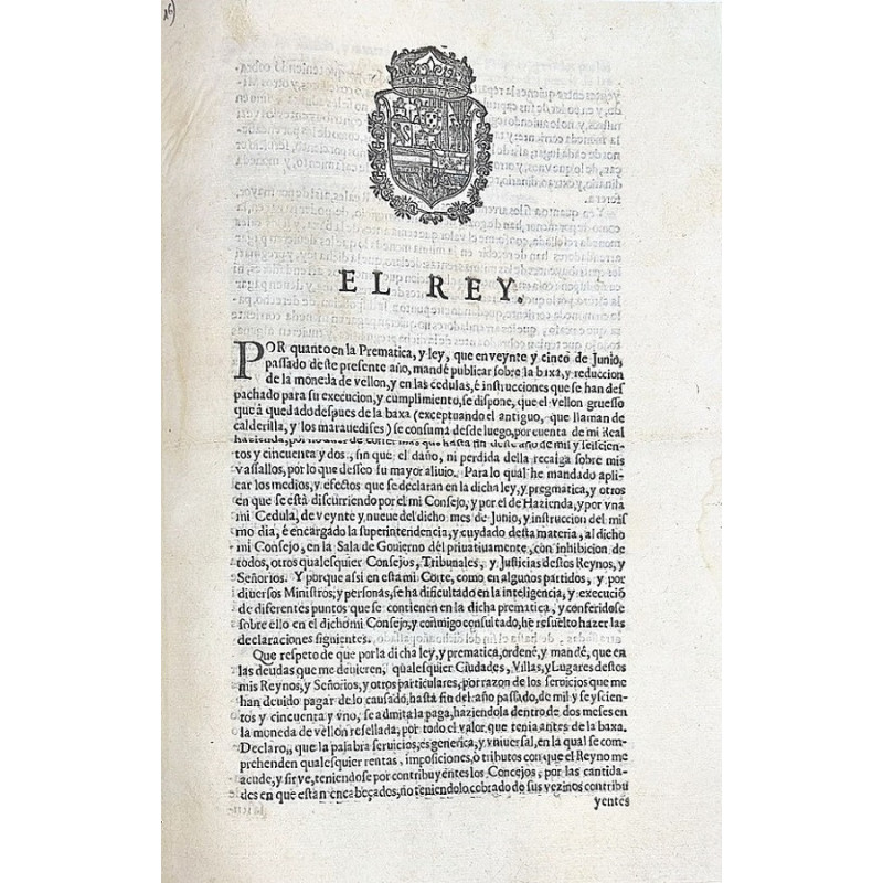 Cédula real aclarando algunos puntos tocantes a la pragmátia de la baja del vellón. 1652 Cédula real aclarando algunos puntos tocantes a la pragmátia de la baja del vellón. 1652