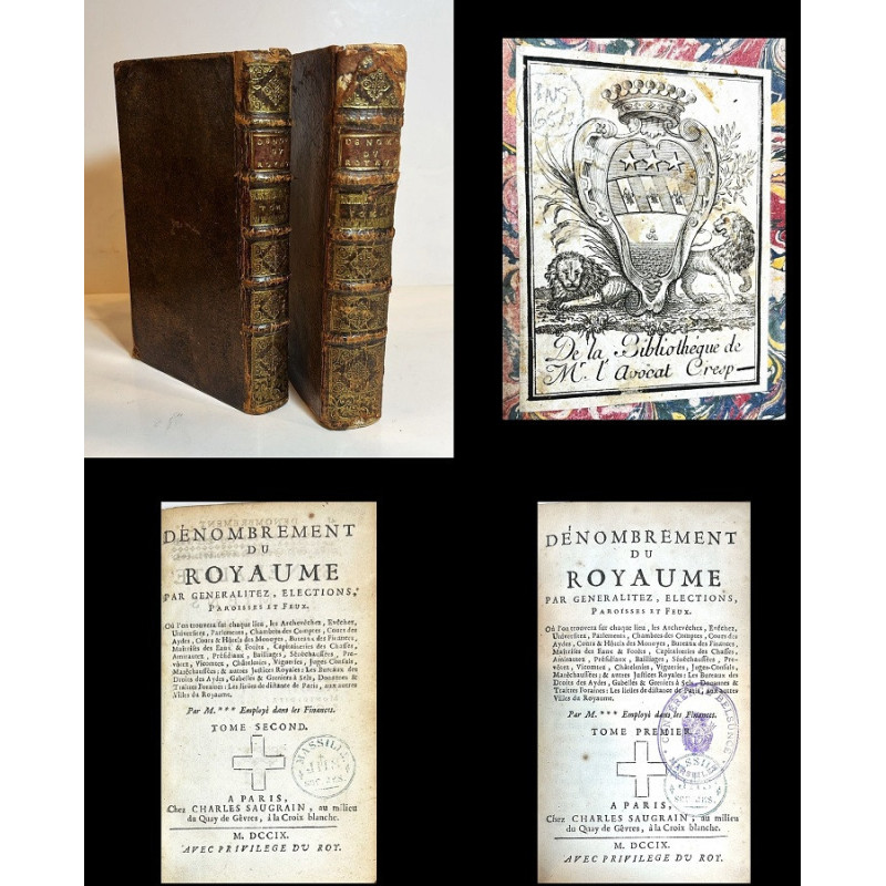 Dénombrement du Royaume par generalitez, elections, paroisses et feux. 1709. 2 tomos