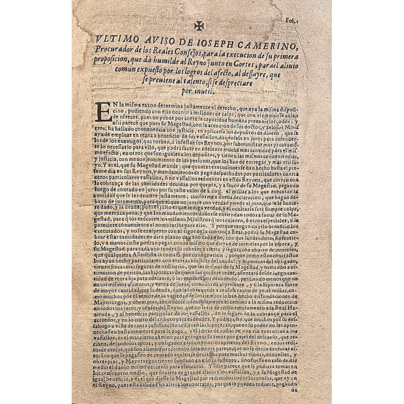 Último aviso de Joseph Camerino, Procurador de los Reales Consejos, para la execución (hacia 1646 Último aviso de Joseph Camerino, Procurador de los Reales Consejos, para la execución (hacia 1646