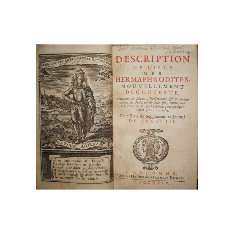 Description de l’Isle des Hermaphrodites, nouvellement decouverte, contenant les moeurs, les coutumes & les ordonnances des habi