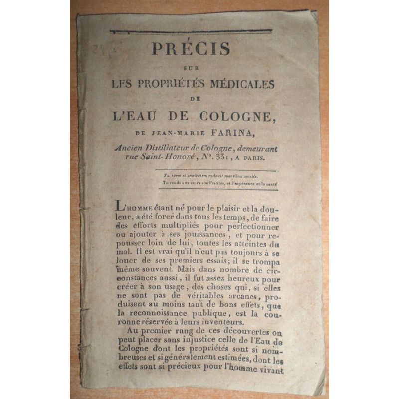 Précis sur les propiétés médicales de l'Eau de Cologne.