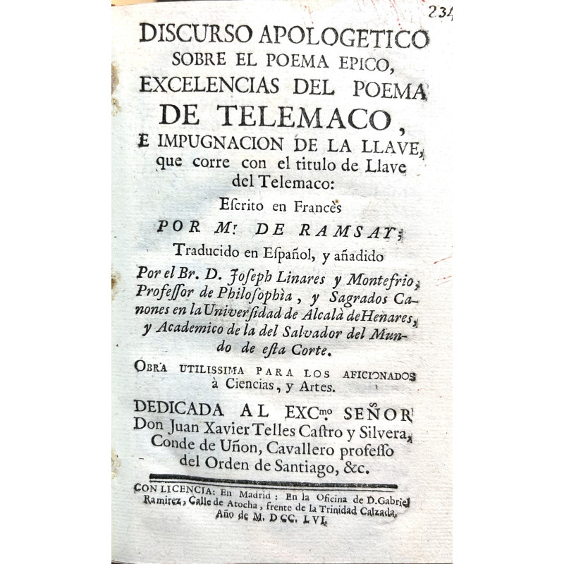 Discurso apologético sobre el poema épico, Excelencias del poema de Telémaco, e impugnación de la llave, que corre con el título