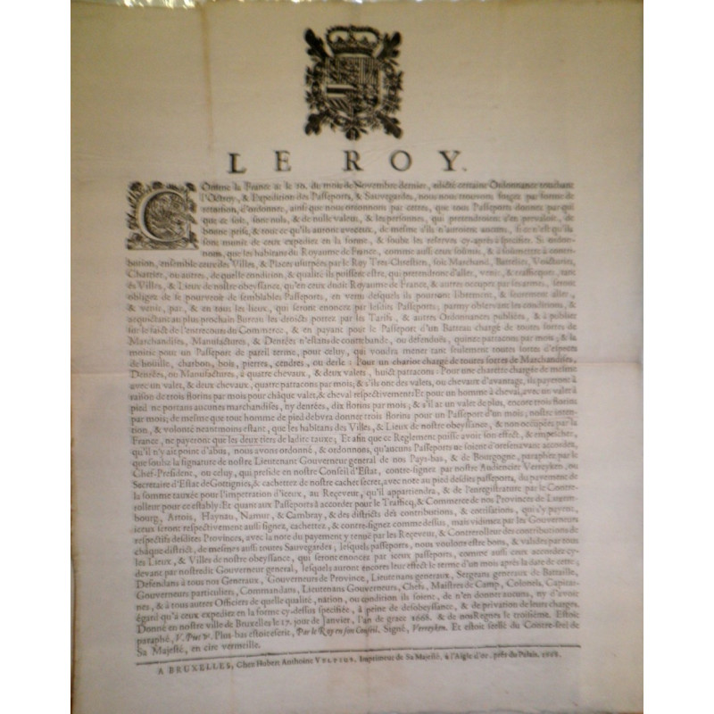 LE ROY. Comme la France at le 10 du mois de Novembre dernier, edicté certaine Ordonnance touchant l'Octroy, & Expedition des Pas