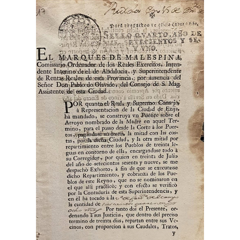 EL MARQUÉS de Malespina, Comisario Ordenador de los Relaes Exércitos, Intendente Interino de el de Andalucía,… Por quanto el Rea
