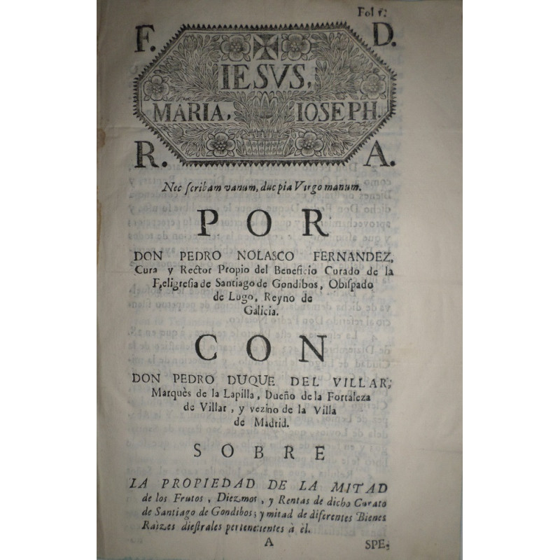 POR Don Pedro Nolasco Fernández, Cura y Rector Propio del Beneficio Curado de la Feligresía de Santiago de Gondibos, Obispado de