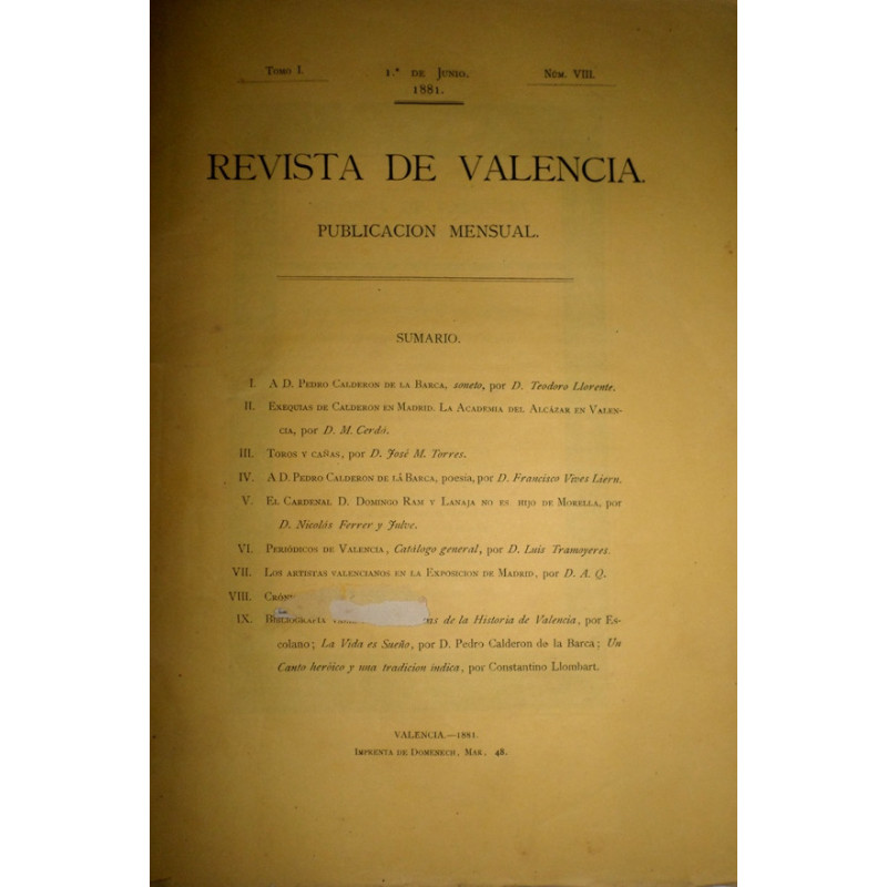 REVISTA de Valencia. Publicación mensual.Tomo I. Núm. VIII. Junio 1881.
