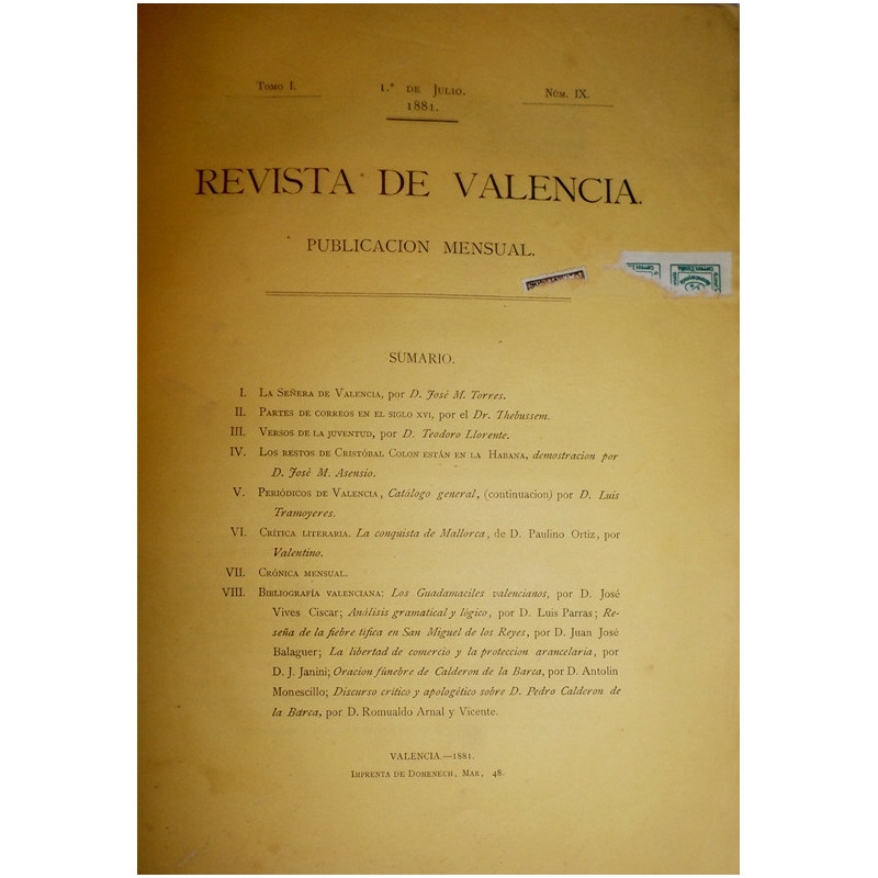 REVISTA de Valencia. Publicación mensual.Tomo I. Núm. IX. Julio 1881.