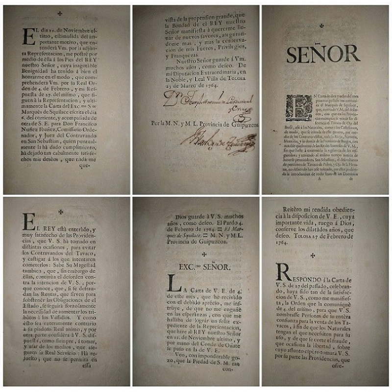 [TOLOSA]. Colección de impresos sobre contrabando de tabaco en Tolosa. 1764. Correspondencia entre Joseph Antonio de Lardizábal