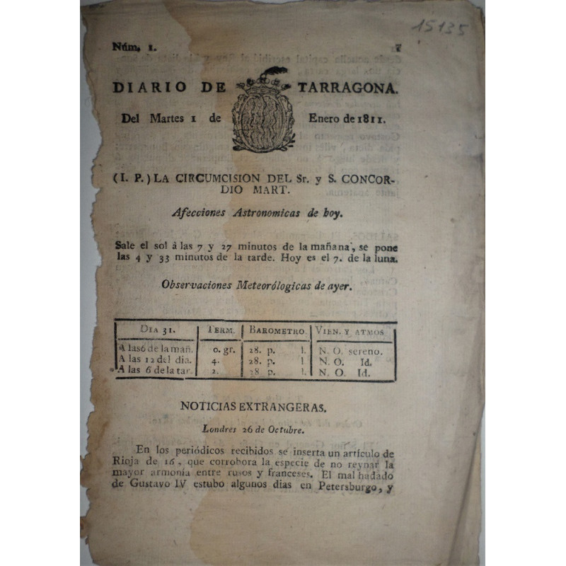 DIARIO  de Tarragona. Del Martes 1 de Enero de 1811. Núm. I.