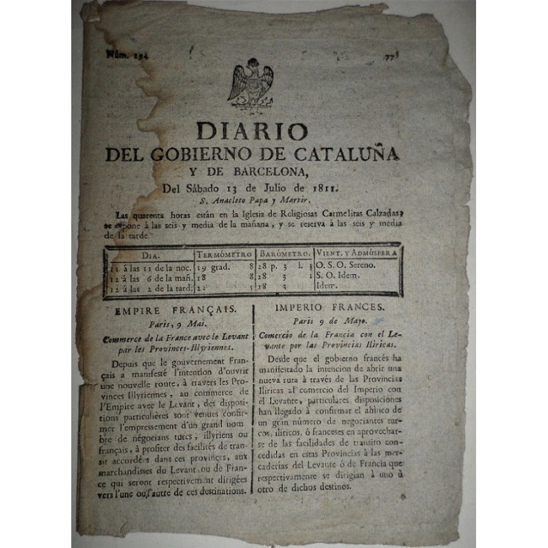 DIARIO del Gobierno de Cataluña y de Barcelona, del sábado 13 de Julio de 1811. Núm. 194.