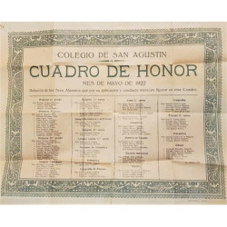 COLEGIO San Agustín. Cuadro de Honor. Mes de Mayo de 1922. Relación de los Srs. Alumnos que por su aplicación y conducta merecen