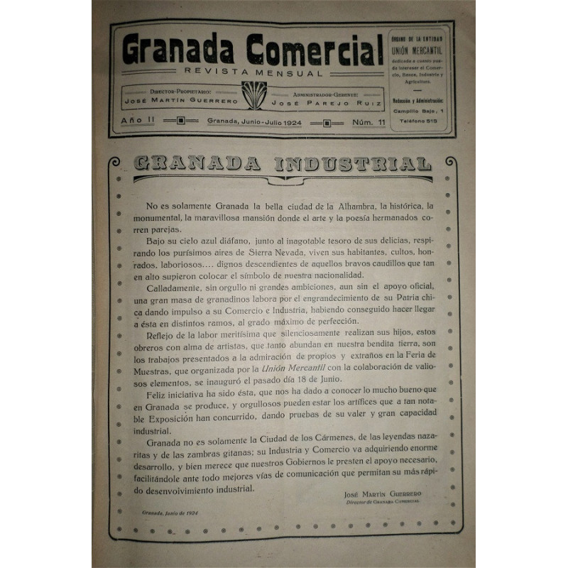 GRANADA Comercial. Número extraordinario dedicado a la primera Feria de Nuestras celebrada en Granada. Junio-Julio 1920.