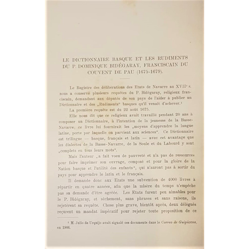 Le dictionnaire basque et les rudiments du P. Dominique Bidégaray, franciscain du couvent de Pau. (1675-1679).
